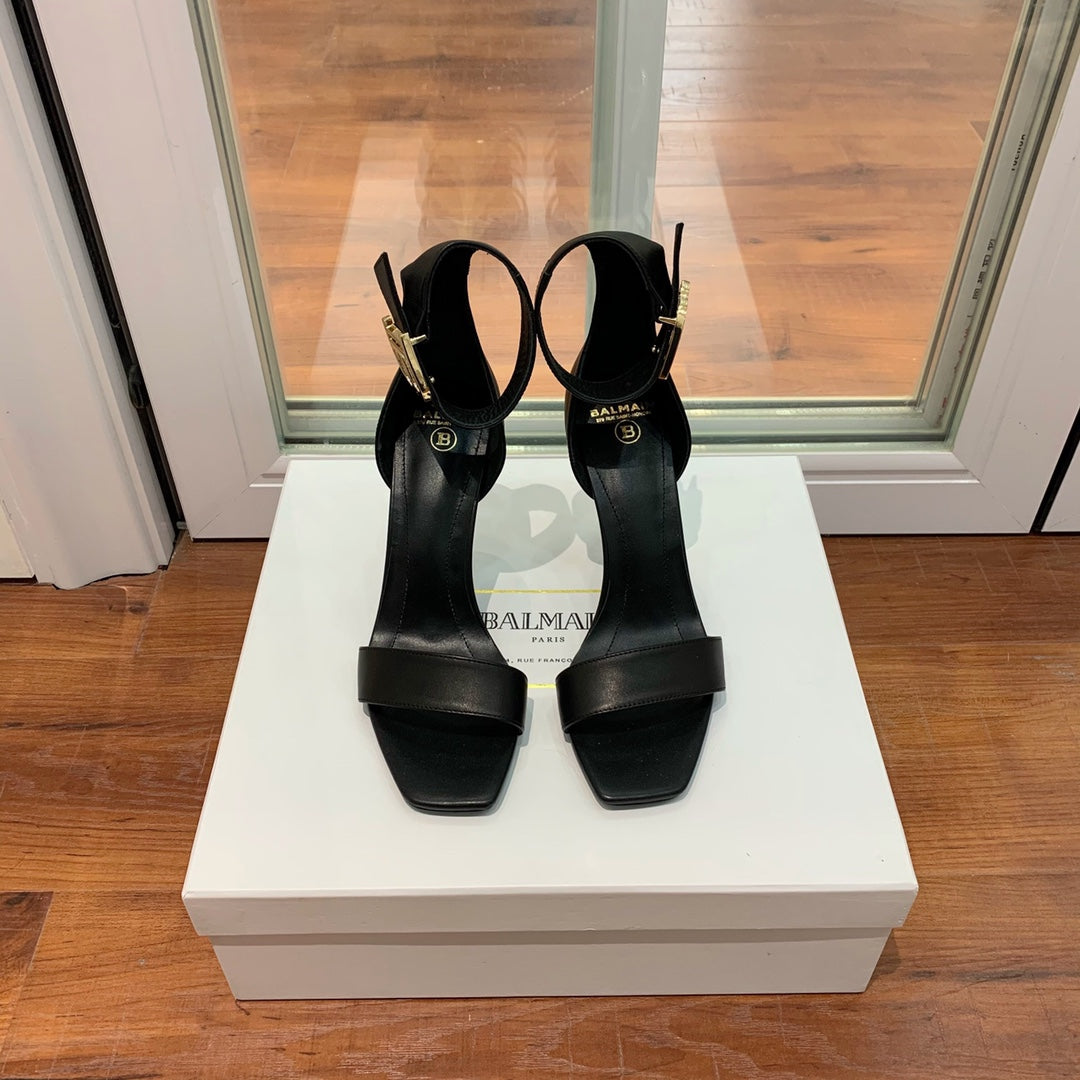 BALMAIN 25S THIN STRAP HIGH HEELS 105MM IN BLACK CALFSKIN GOLD HARDWARE - 35