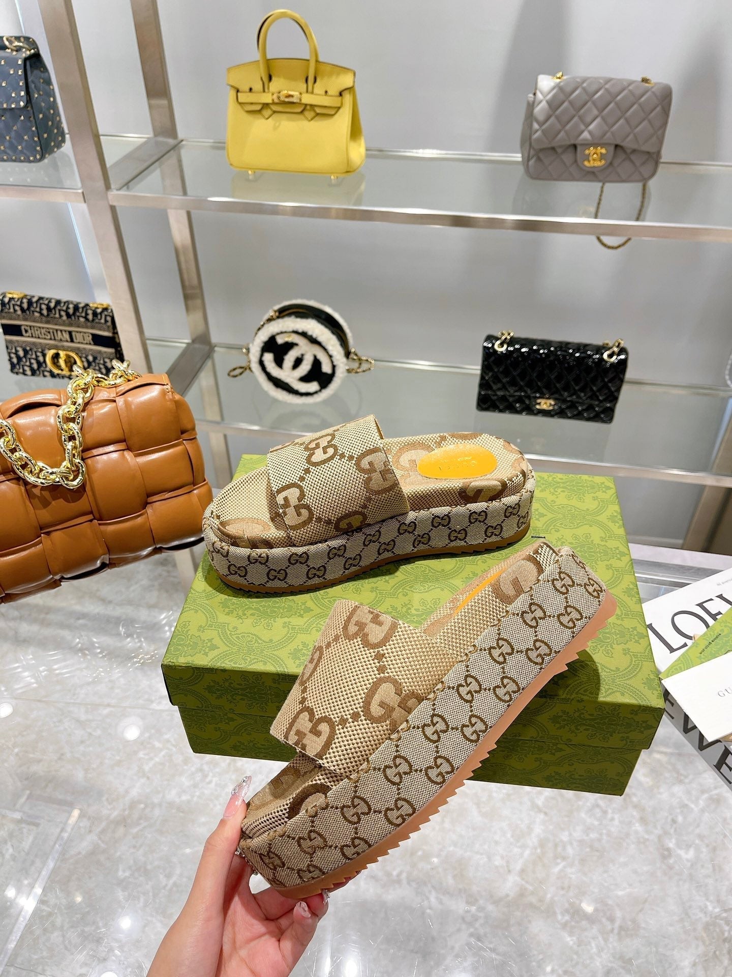 LV MONOGRAM THICK PLATFORM SANDALS IN BEIGE CANVAS - 35