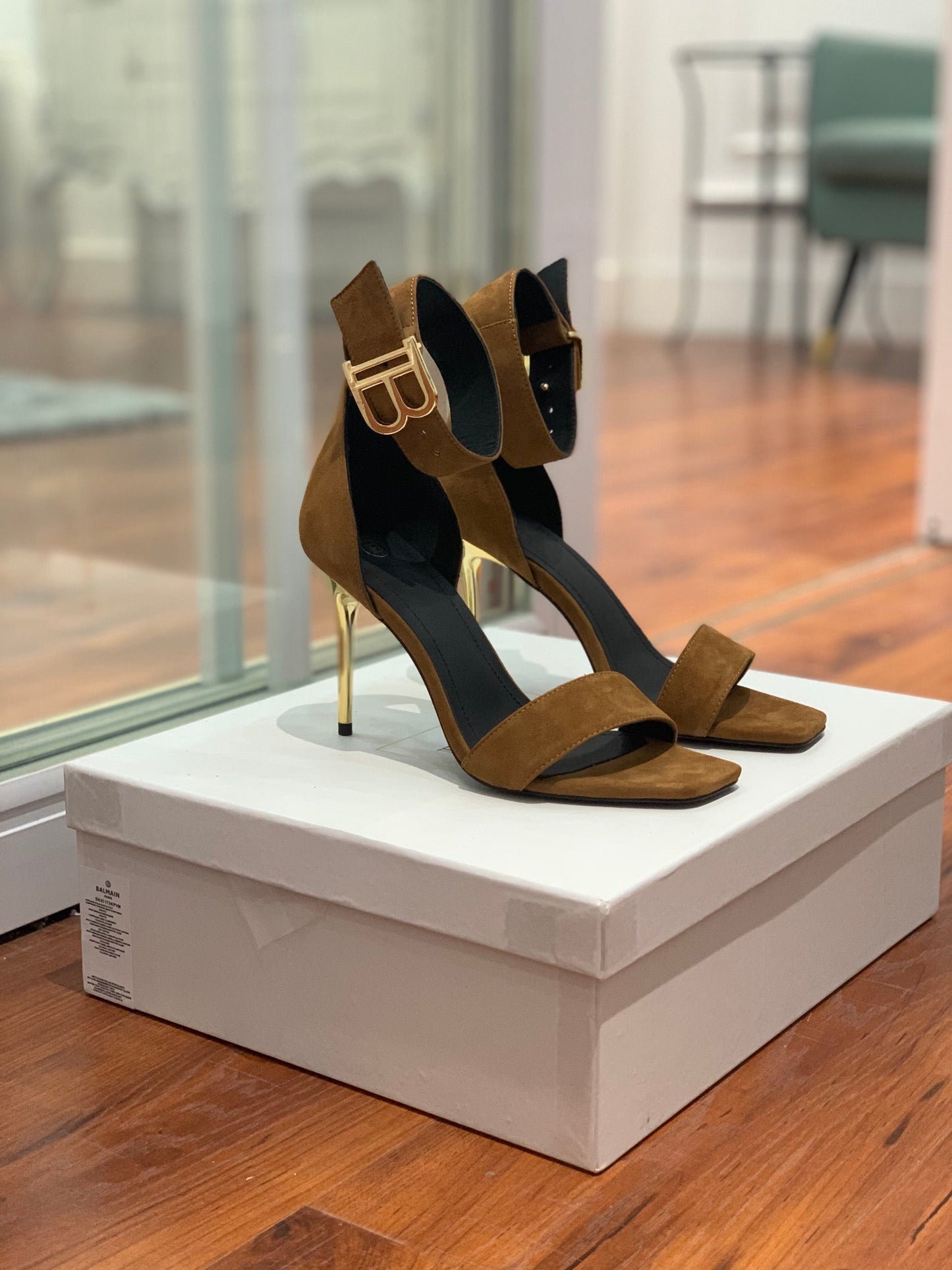 BALMAIN 25S THIN STRAP HIGH HEELS 105MM IN DARK BROWN SUEDE GOLD HARDWARE - 36