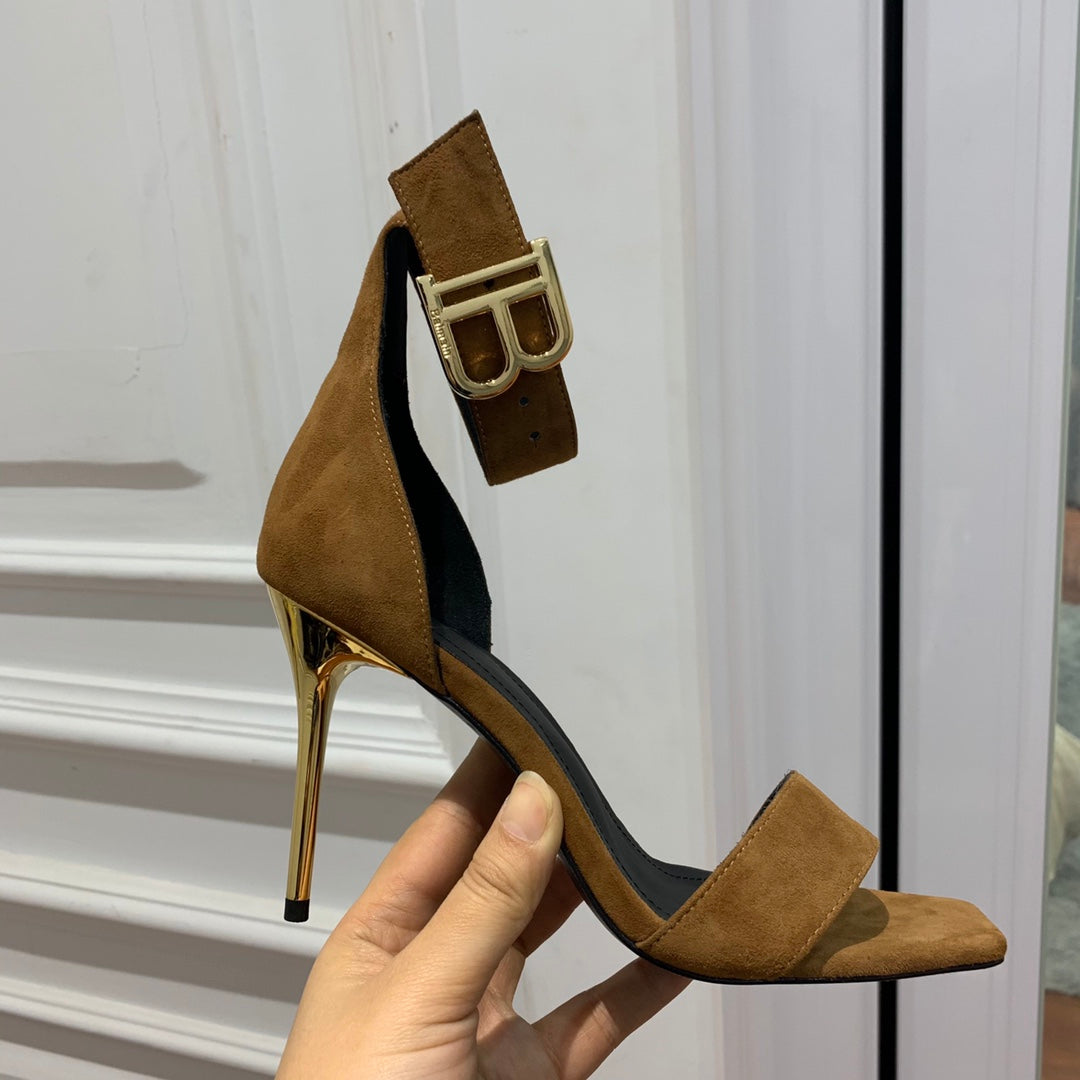 BALMAIN 25S THIN STRAP HIGH HEELS 105MM IN DARK BROWN SUEDE GOLD HARDWARE - 36