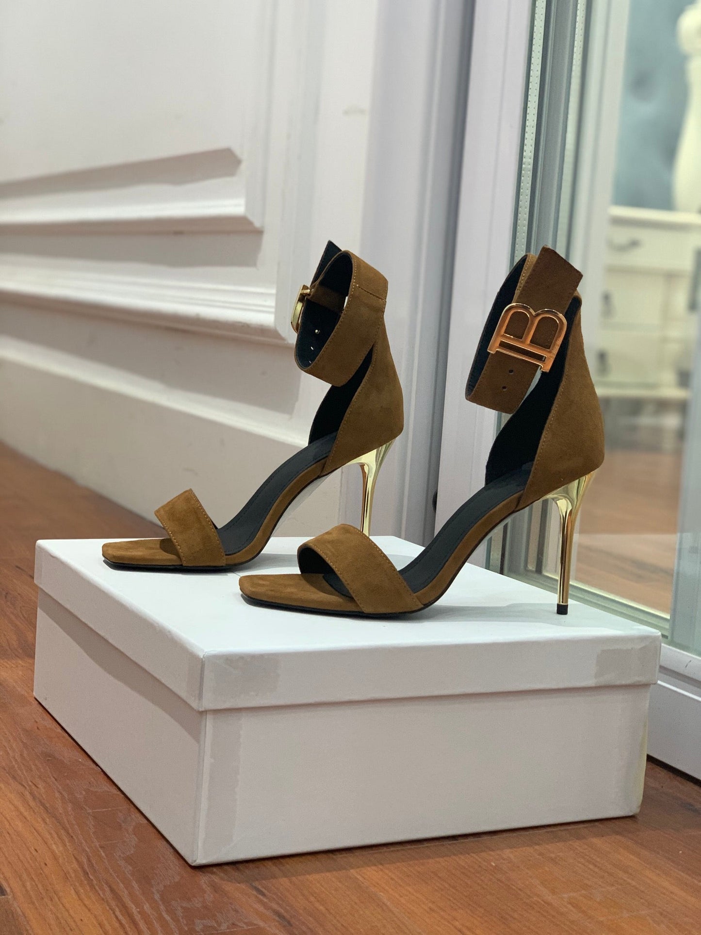 BALMAIN 25S THIN STRAP HIGH HEELS 105MM IN DARK BROWN SUEDE GOLD HARDWARE - 36