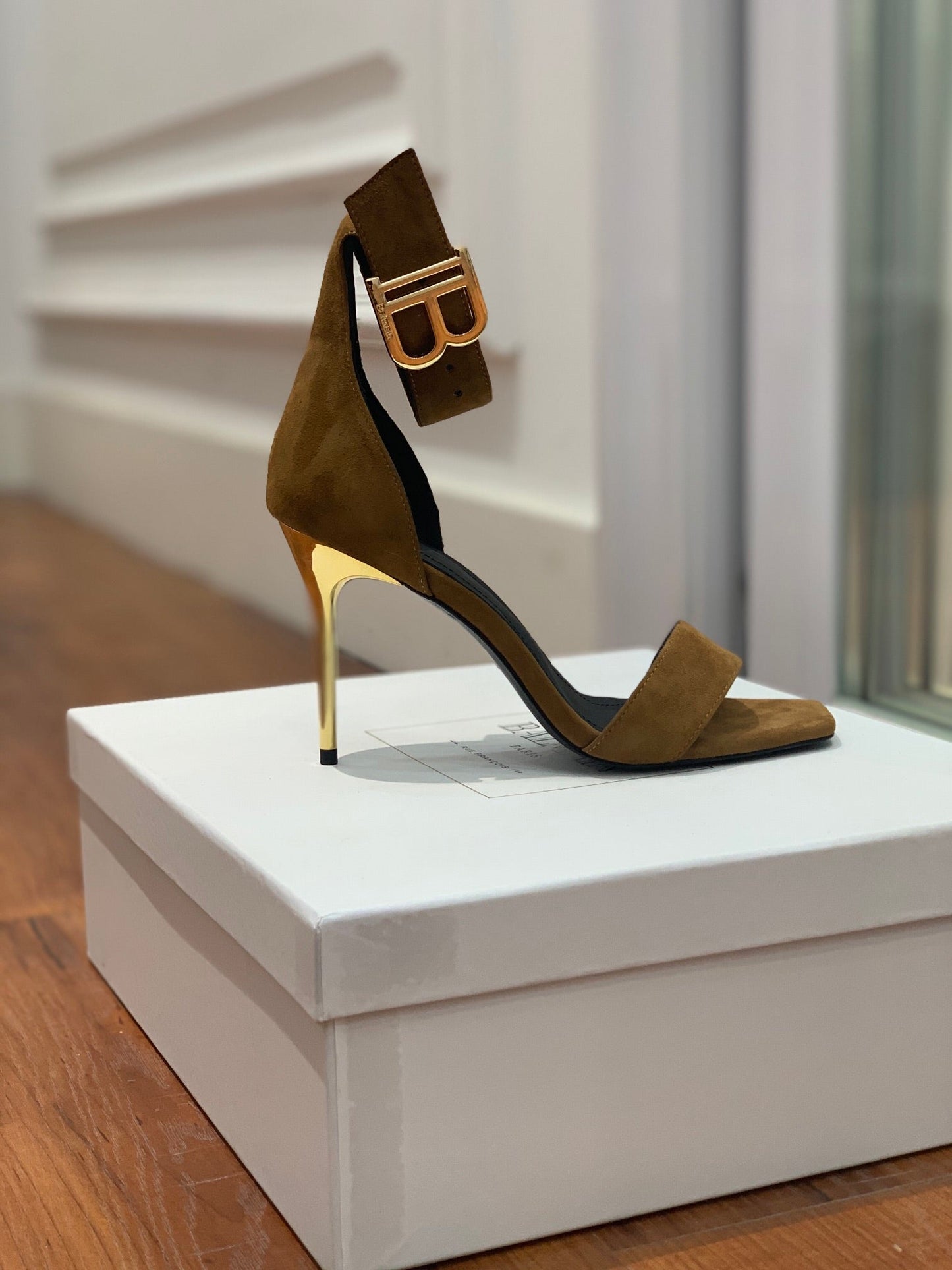 BALMAIN 25S THIN STRAP HIGH HEELS 105MM IN DARK BROWN SUEDE GOLD HARDWARE - 36