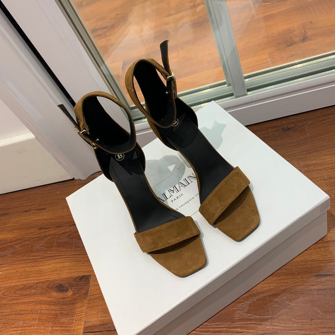 BALMAIN 25S THIN STRAP HIGH HEELS 105MM IN DARK BROWN SUEDE GOLD HARDWARE - 36