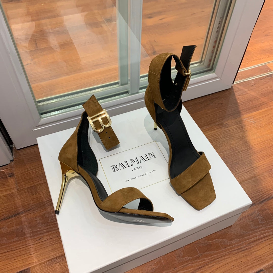 BALMAIN 25S THIN STRAP HIGH HEELS 105MM IN DARK BROWN SUEDE GOLD HARDWARE - 36