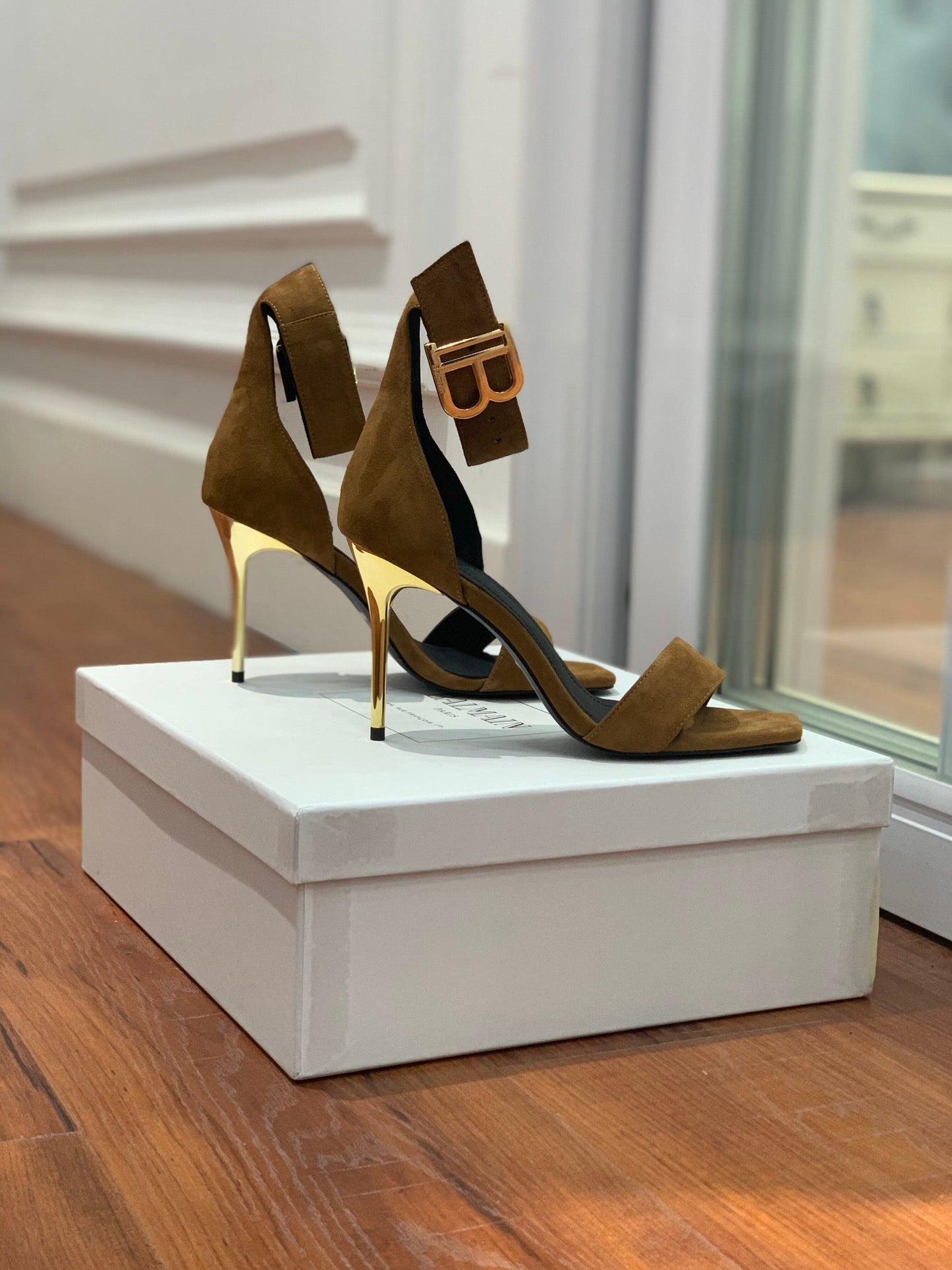 BALMAIN 25S THIN STRAP HIGH HEELS 105MM IN DARK BROWN SUEDE GOLD HARDWARE - 36