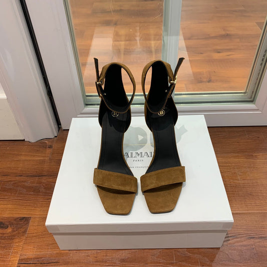 BALMAIN 25S THIN STRAP HIGH HEELS 105MM IN DARK BROWN SUEDE GOLD HARDWARE - 36