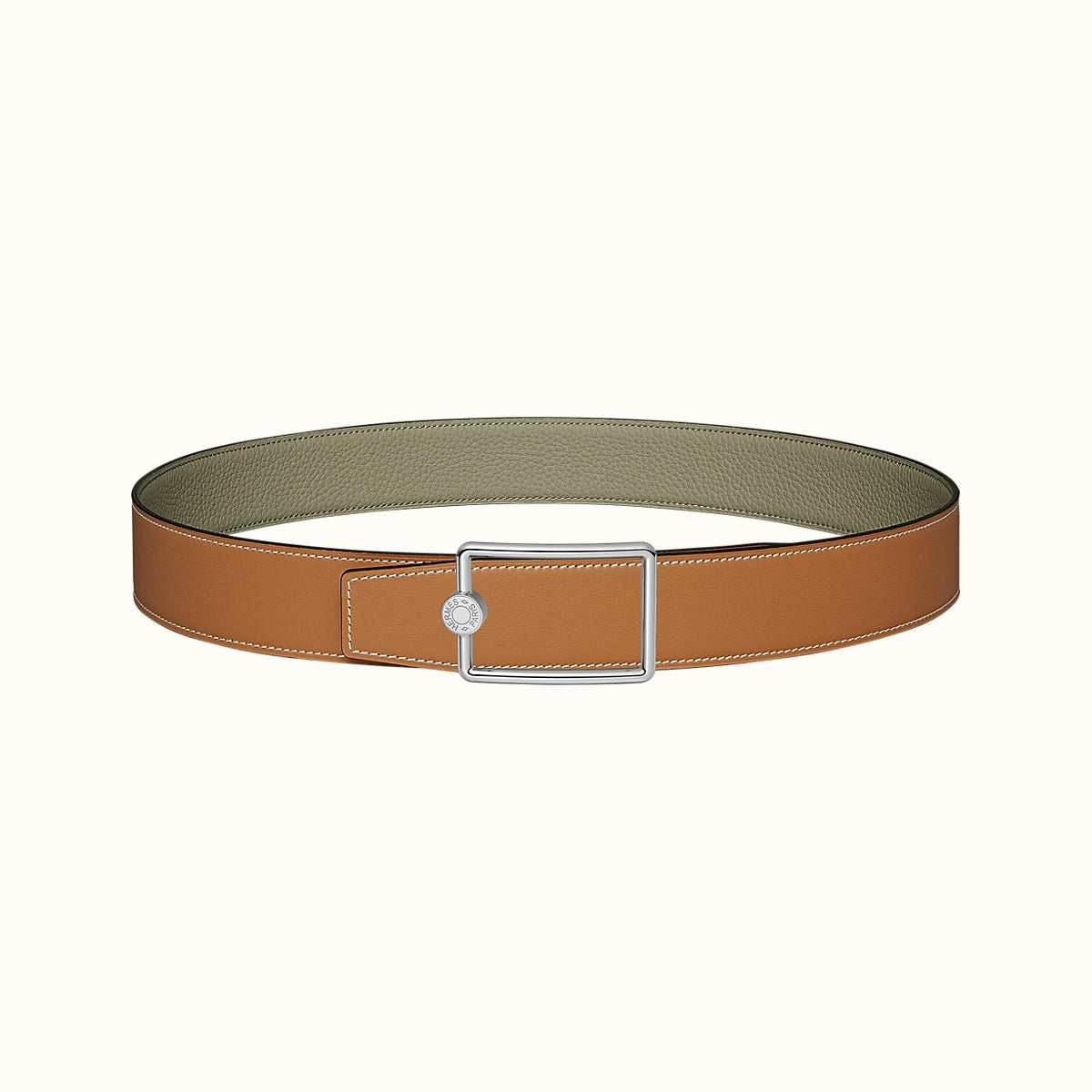 OSCAR BELT BUCKLE & REVERSIBLE KHAKI BROWN AND ORANGE LEATHER STRAP 38MM SILVER HARDWARE - 30