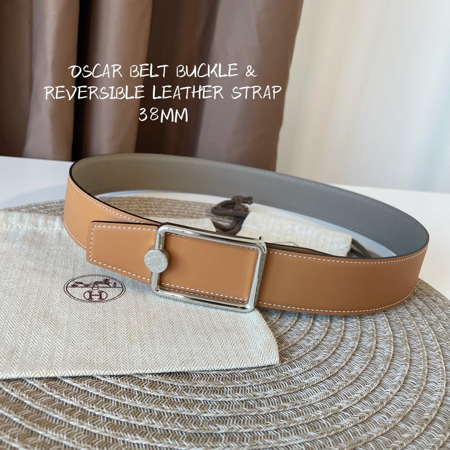 OSCAR BELT BUCKLE & REVERSIBLE KHAKI BROWN AND ORANGE LEATHER STRAP 38MM SILVER HARDWARE - 30