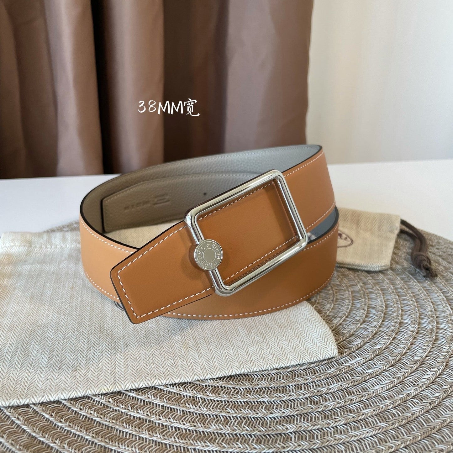 OSCAR BELT BUCKLE & REVERSIBLE KHAKI BROWN AND ORANGE LEATHER STRAP 38MM SILVER HARDWARE - 30