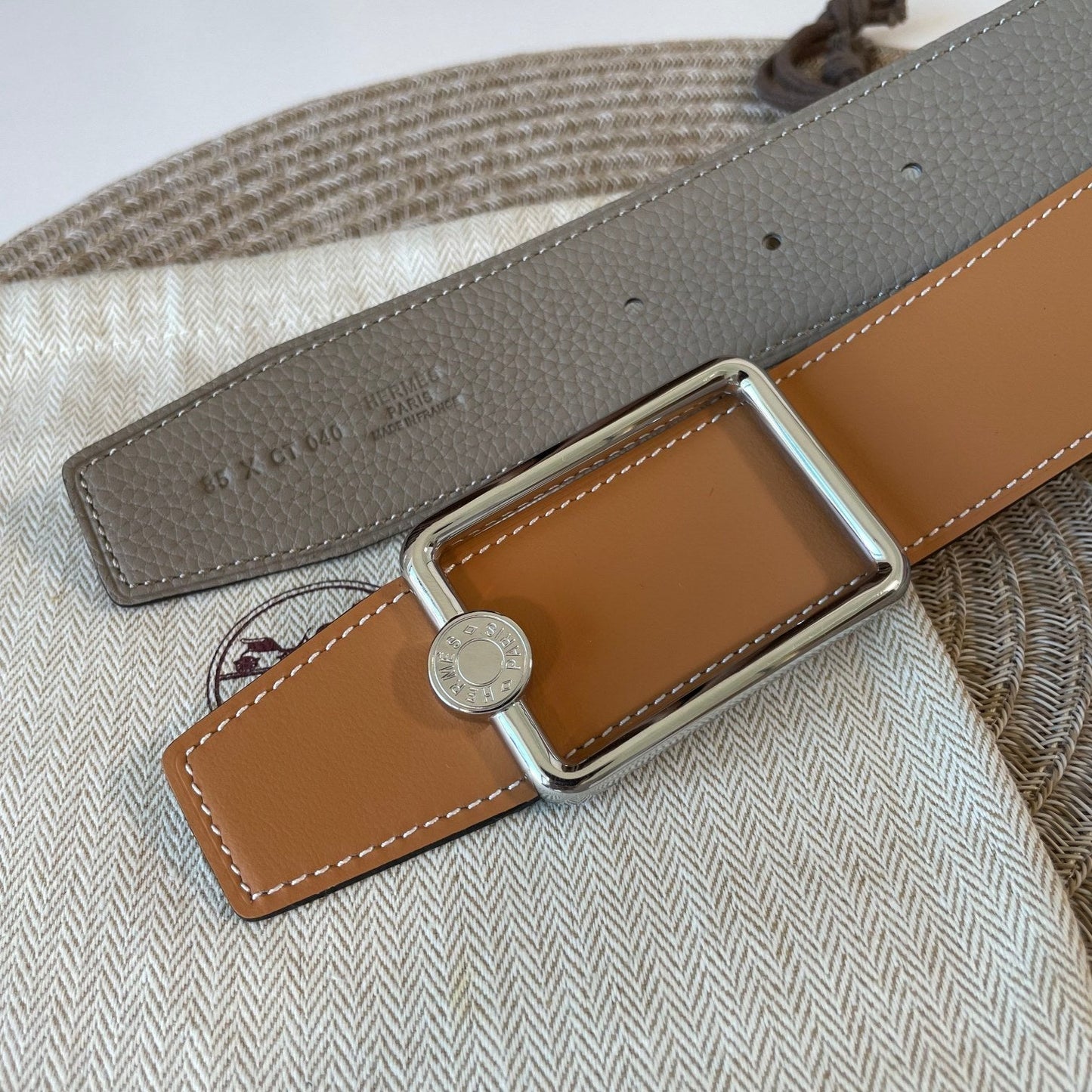 OSCAR BELT BUCKLE & REVERSIBLE KHAKI BROWN AND ORANGE LEATHER STRAP 38MM SILVER HARDWARE - 30