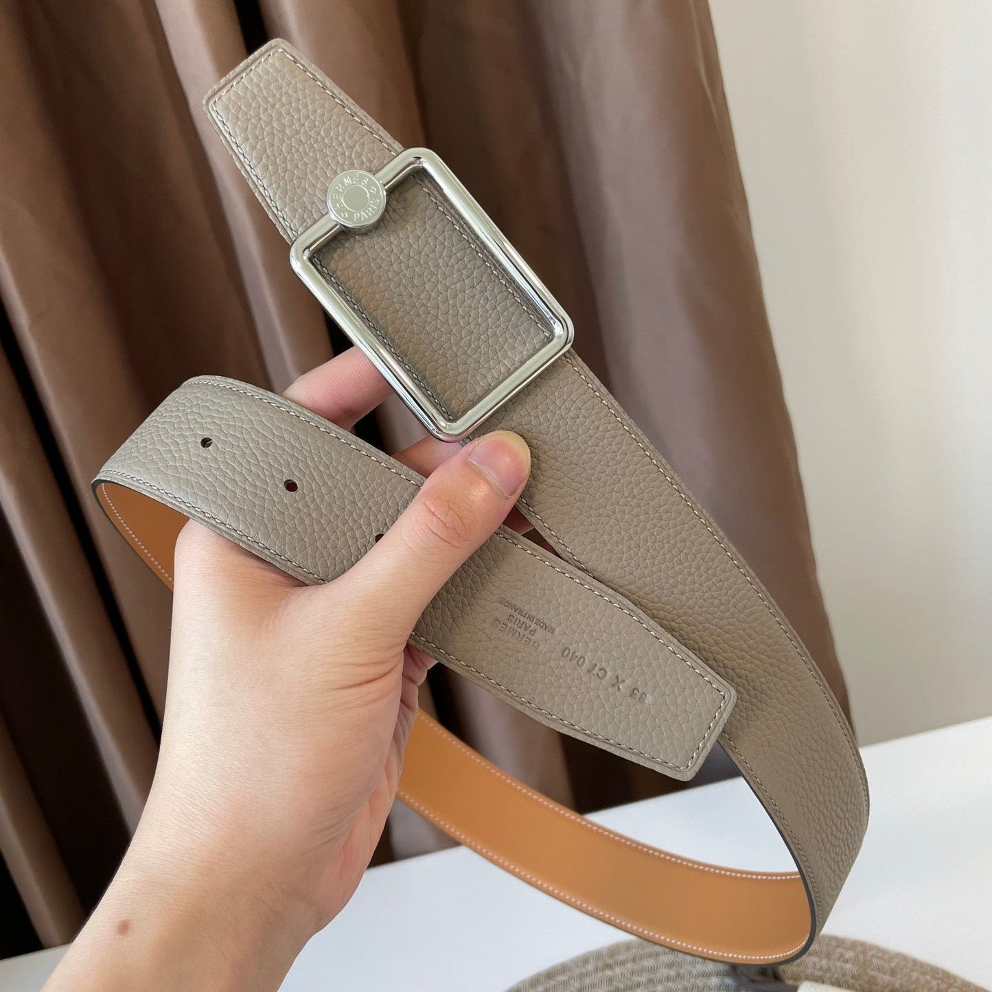 OSCAR BELT BUCKLE & REVERSIBLE KHAKI BROWN AND ORANGE LEATHER STRAP 38MM SILVER HARDWARE - 30