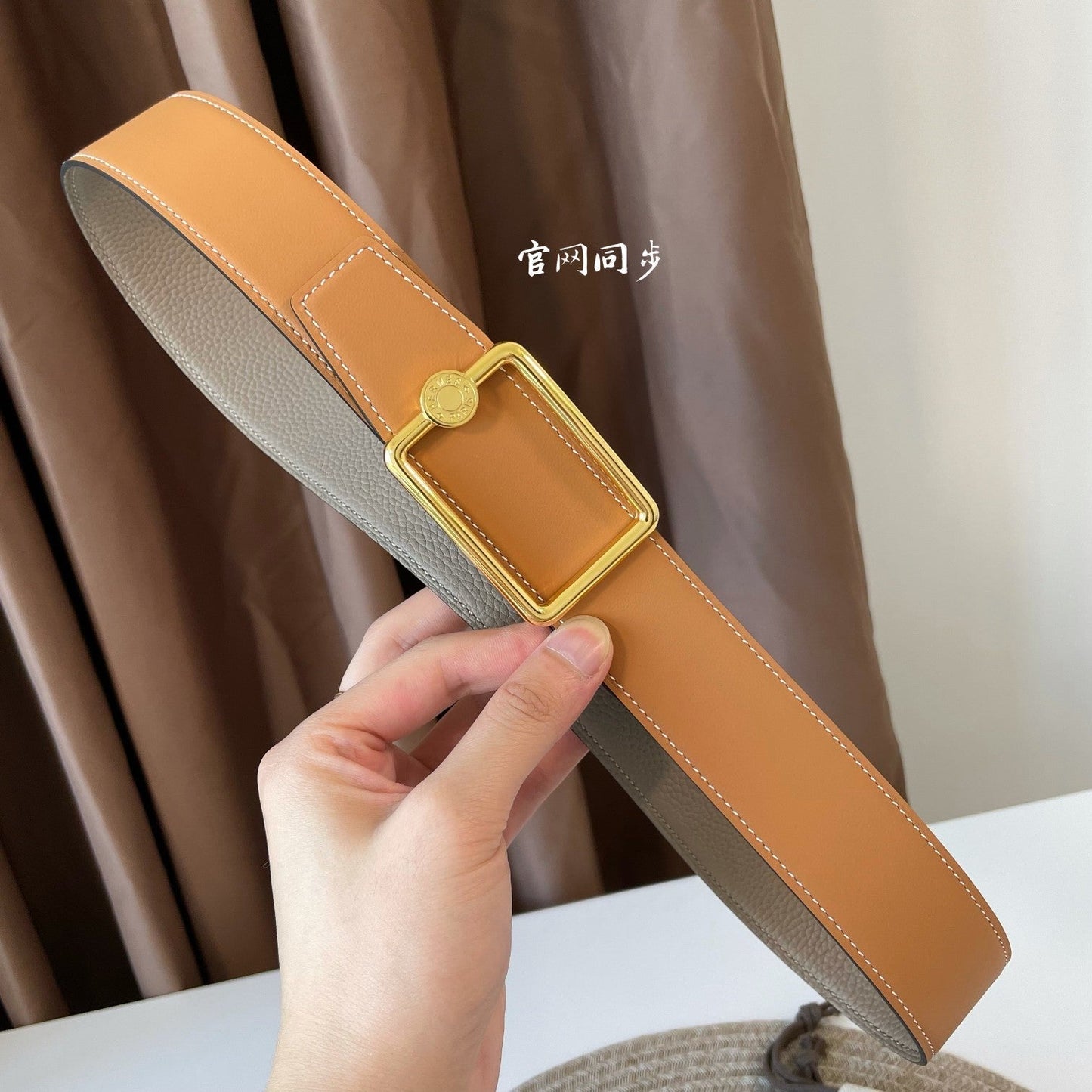 OSCAR BELT BUCKLE & REVERSIBLE KHAKI BROWN AND ORANGE LEATHER STRAP 38MM GOLD HARDWARE - 30
