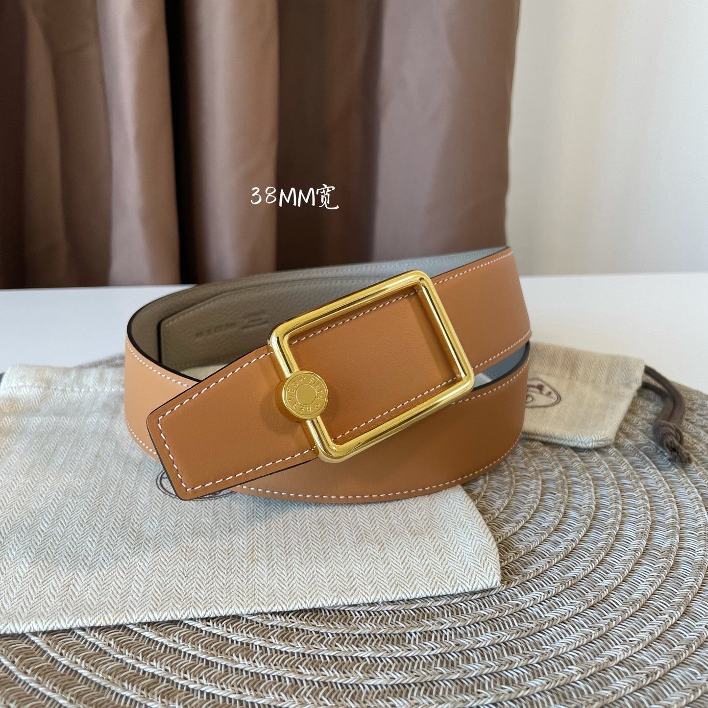 OSCAR BELT BUCKLE & REVERSIBLE KHAKI BROWN AND ORANGE LEATHER STRAP 38MM GOLD HARDWARE - 30