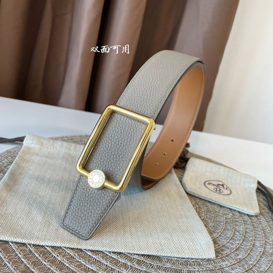 OSCAR BELT BUCKLE & REVERSIBLE KHAKI BROWN AND ORANGE LEATHER STRAP 38MM GOLD HARDWARE - 30
