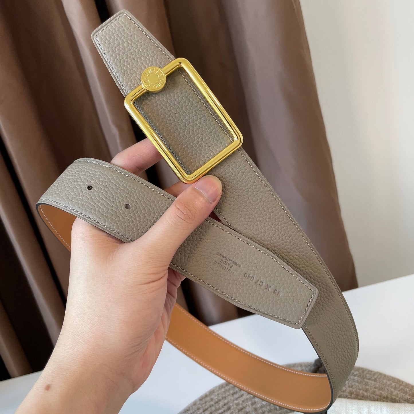 OSCAR BELT BUCKLE & REVERSIBLE KHAKI BROWN AND ORANGE LEATHER STRAP 38MM GOLD HARDWARE - 30