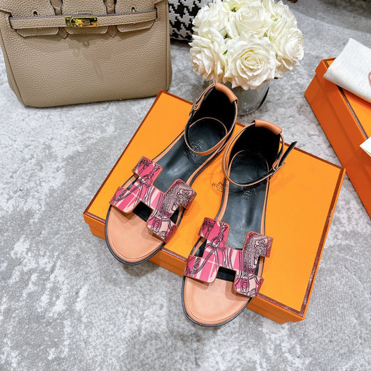 SANTORINI SANDAL BLACK MIX LIGHT PINK CALFSKIN WITH PATTERN - 34