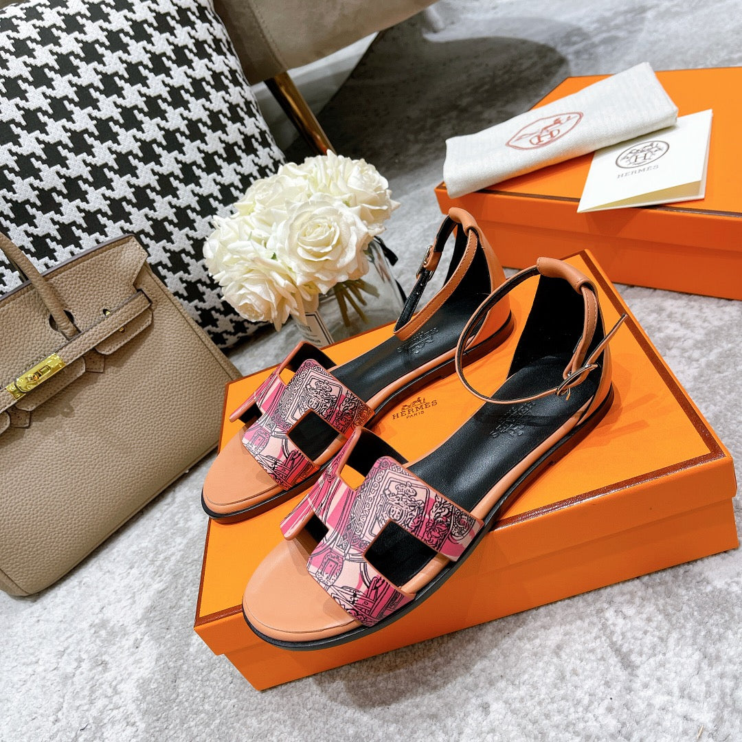 SANTORINI SANDAL BLACK MIX LIGHT PINK CALFSKIN WITH PATTERN - 34