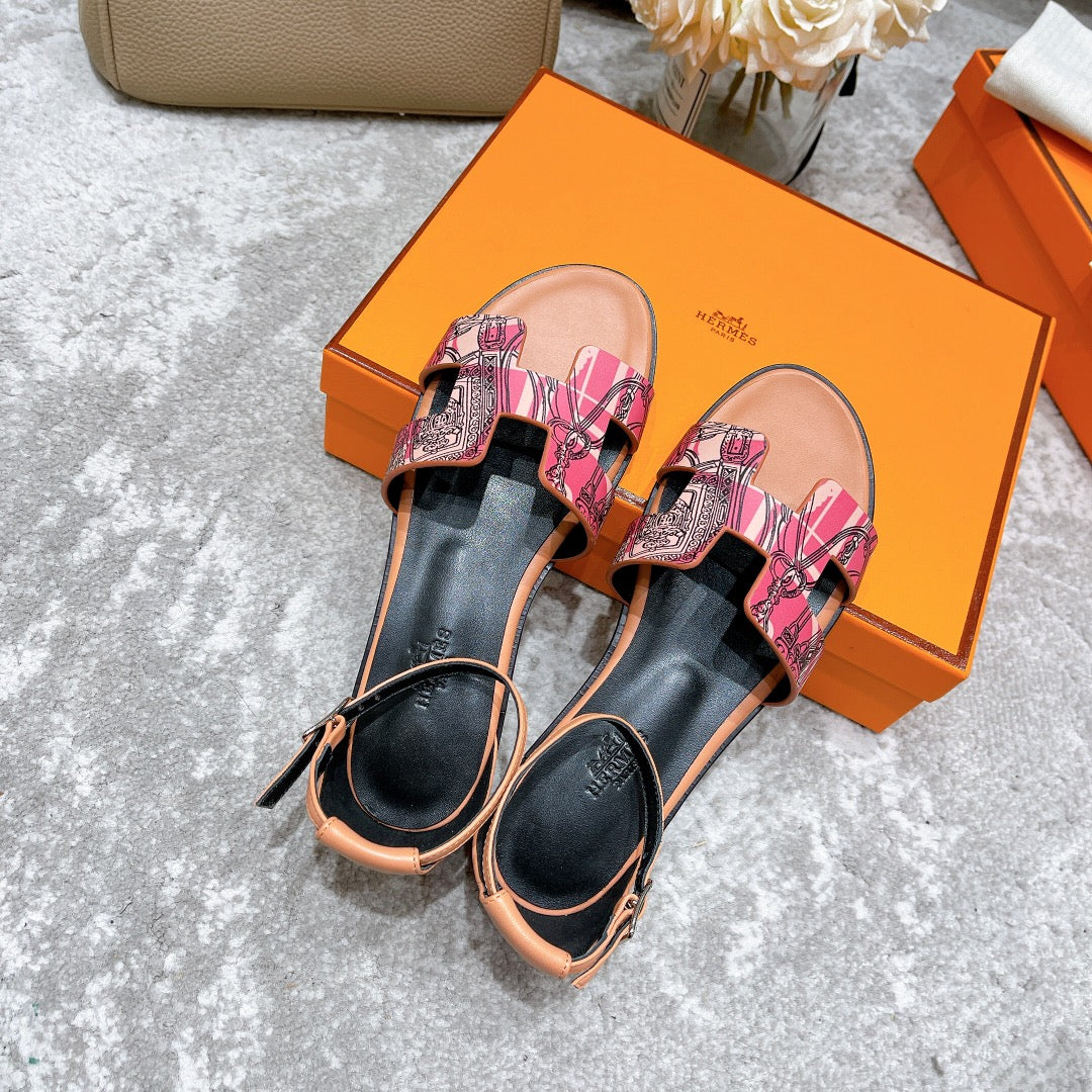 SANTORINI SANDAL BLACK MIX LIGHT PINK CALFSKIN WITH PATTERN - 34