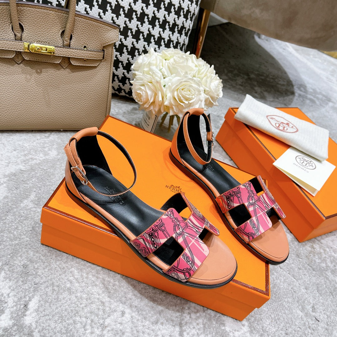 SANTORINI SANDAL BLACK MIX LIGHT PINK CALFSKIN WITH PATTERN - 34