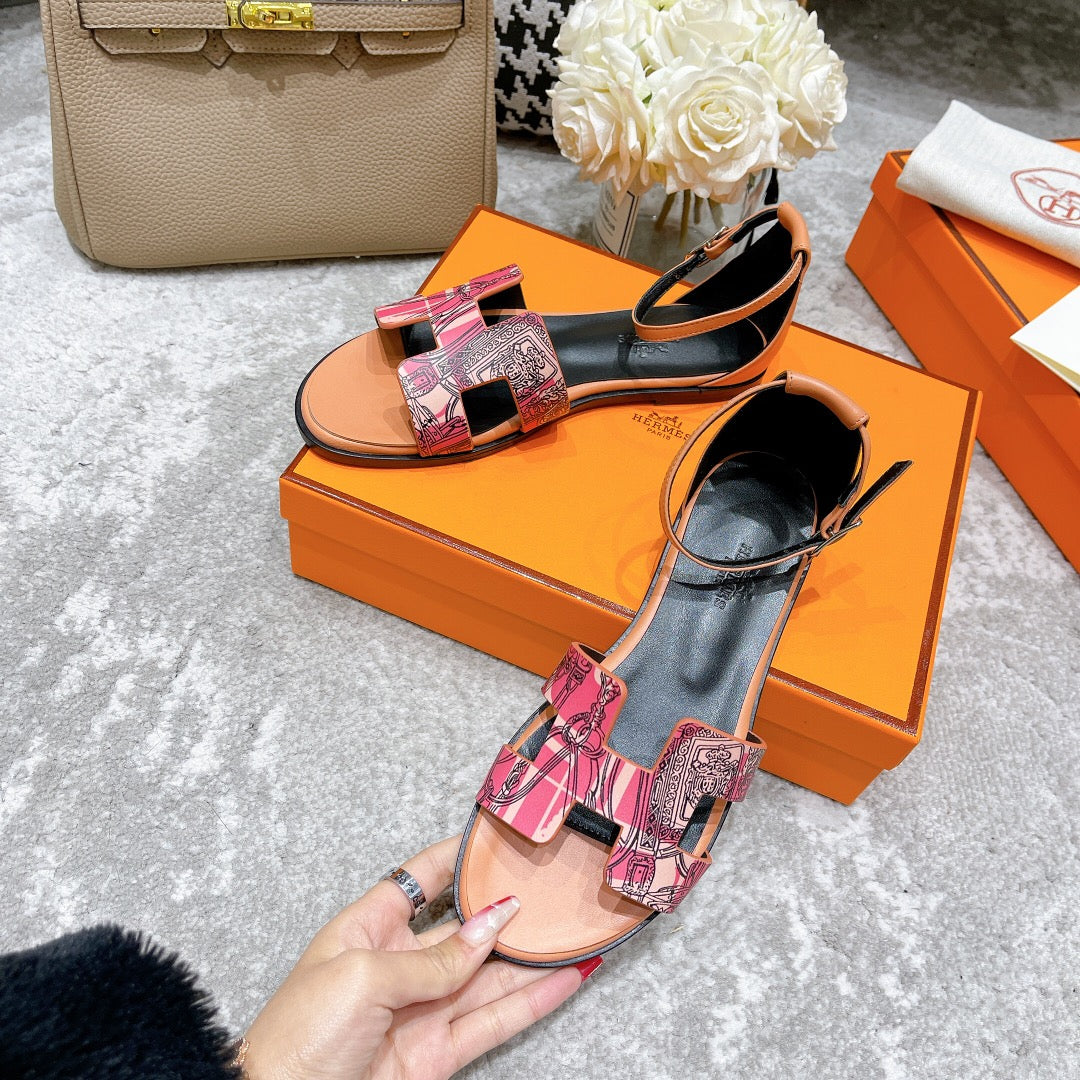 SANTORINI SANDAL BLACK MIX LIGHT PINK CALFSKIN WITH PATTERN - 34