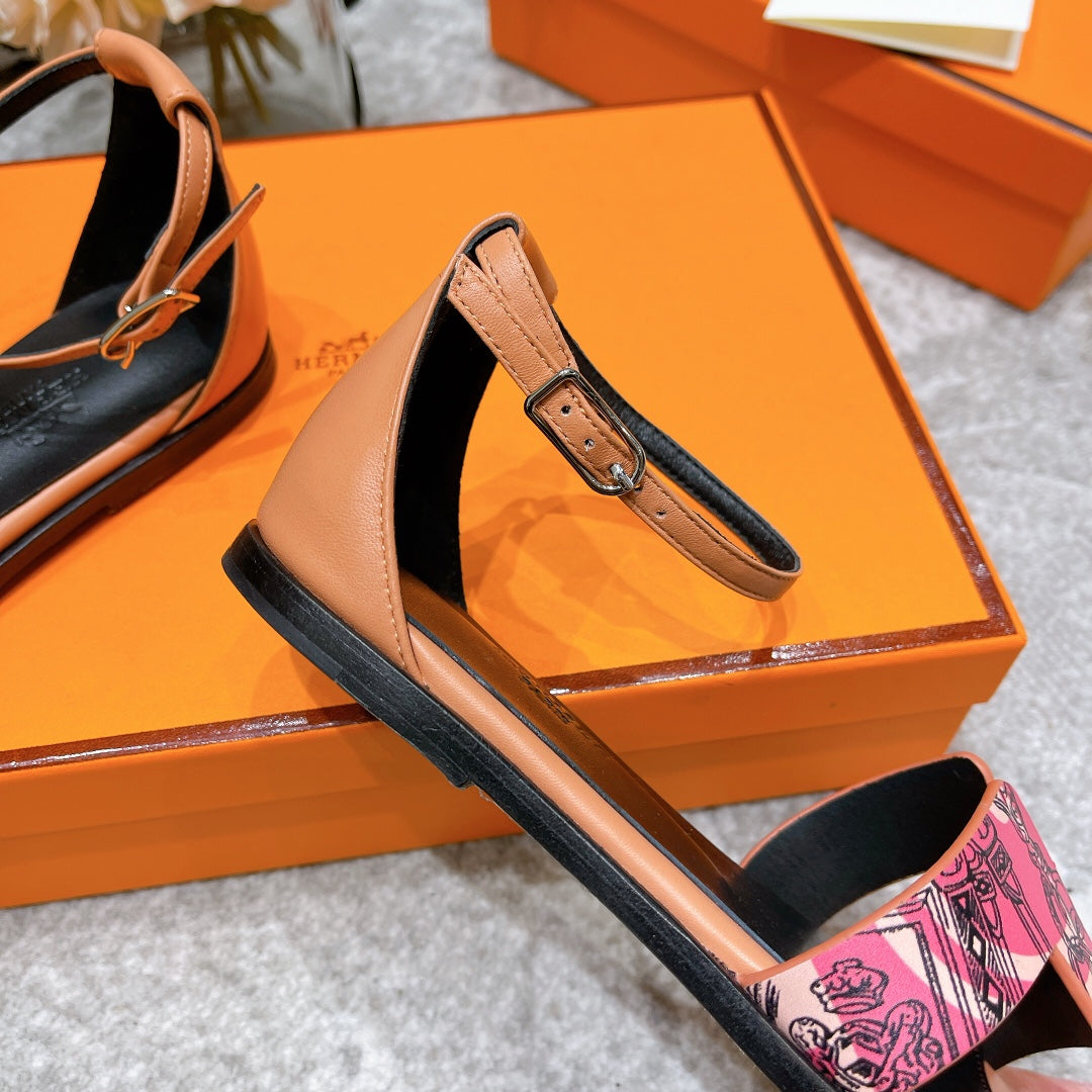 SANTORINI SANDAL BLACK MIX LIGHT PINK CALFSKIN WITH PATTERN - 34