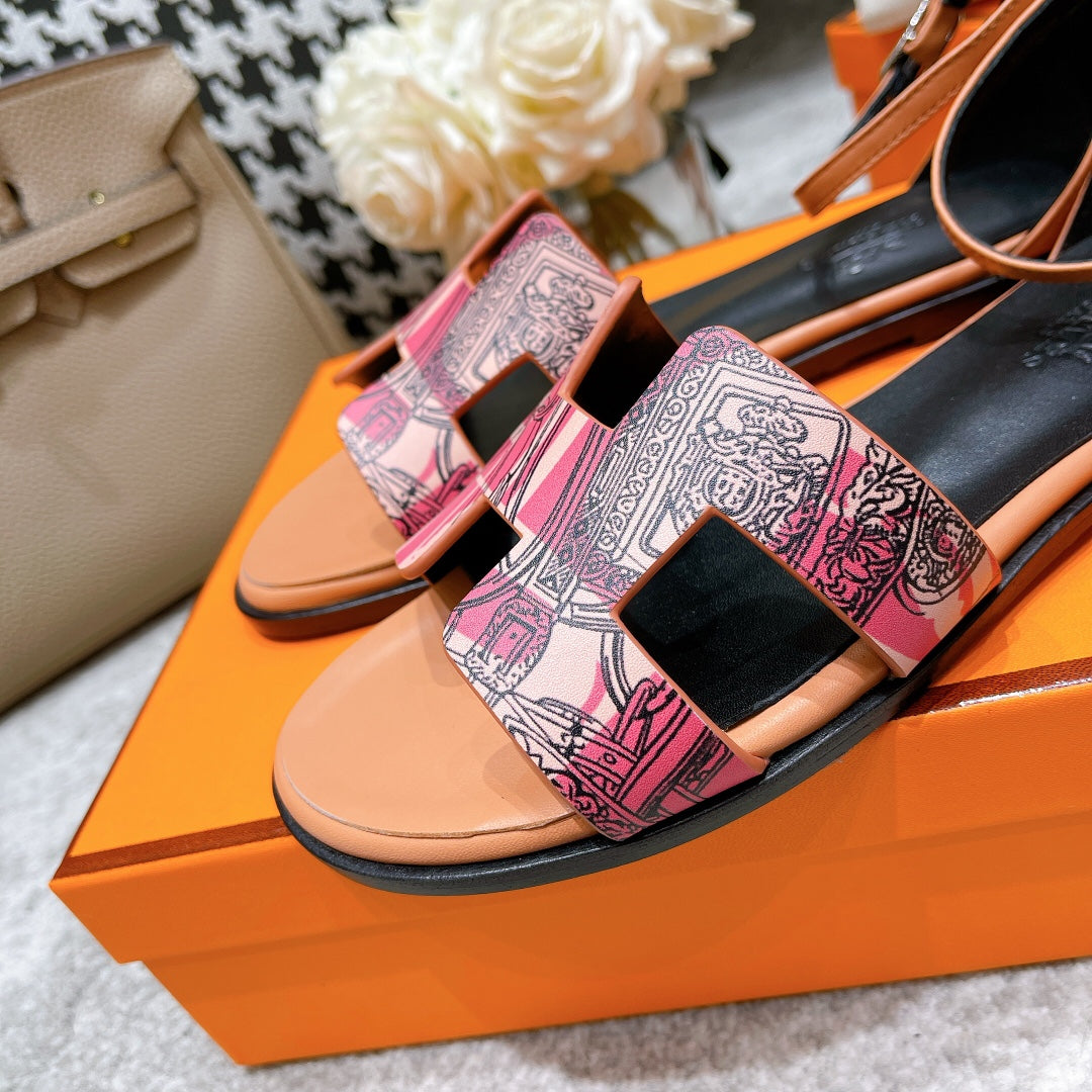 SANTORINI SANDAL BLACK MIX LIGHT PINK CALFSKIN WITH PATTERN - 34