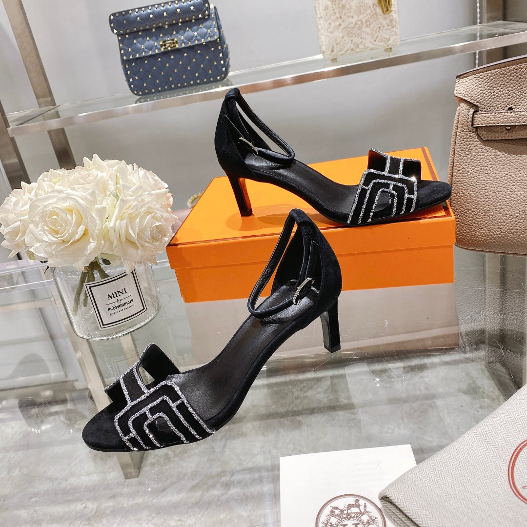 PREMIERE 70 SANDAL IN BLACK SUEDE WITH RHINSTONES - 35