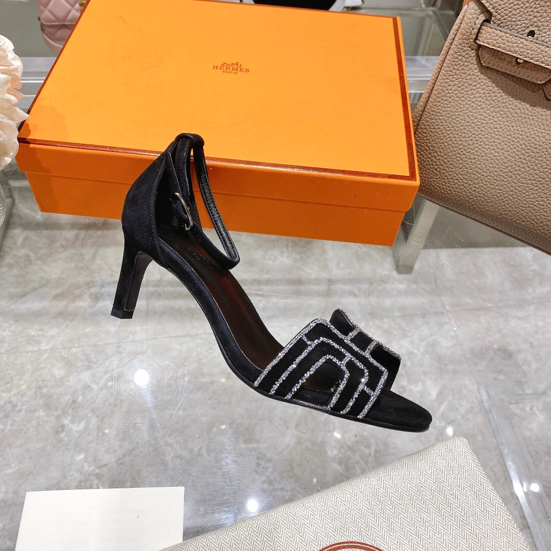 PREMIERE 70 SANDAL IN BLACK SUEDE WITH RHINSTONES - 35