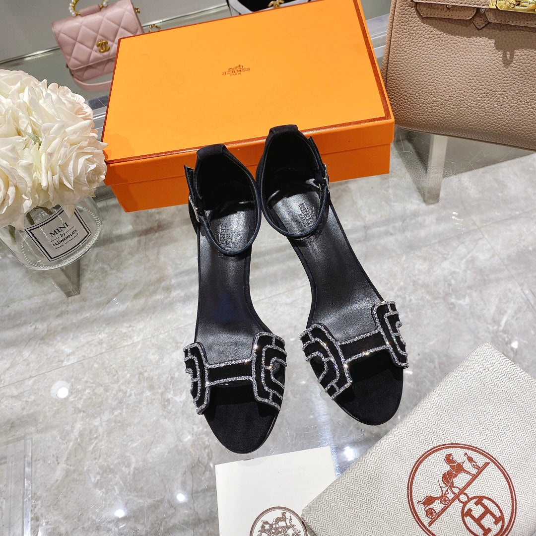 PREMIERE 70 SANDAL IN BLACK SUEDE WITH RHINSTONES - 35