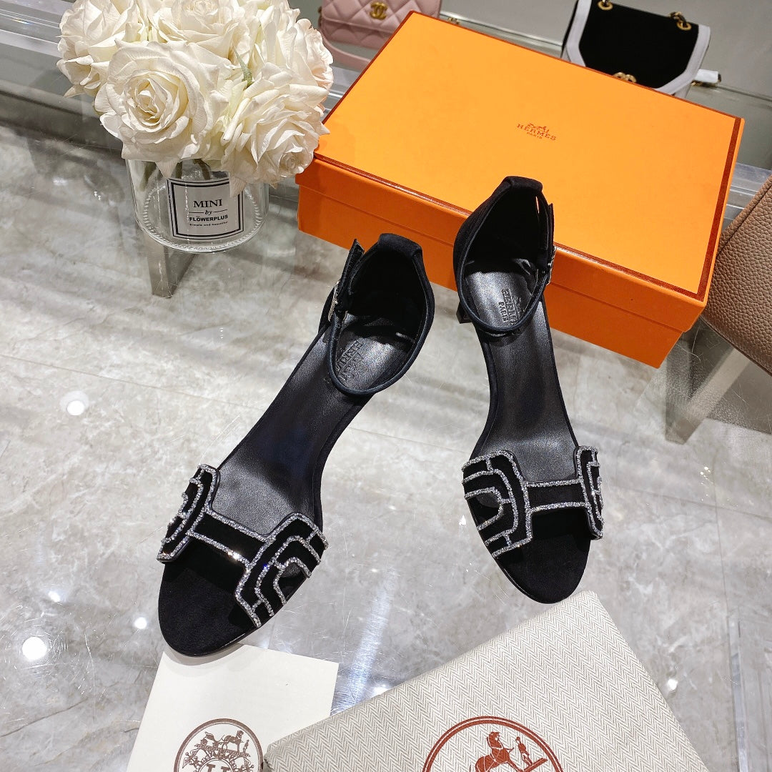 PREMIERE 70 SANDAL IN BLACK SUEDE WITH RHINSTONES - 35