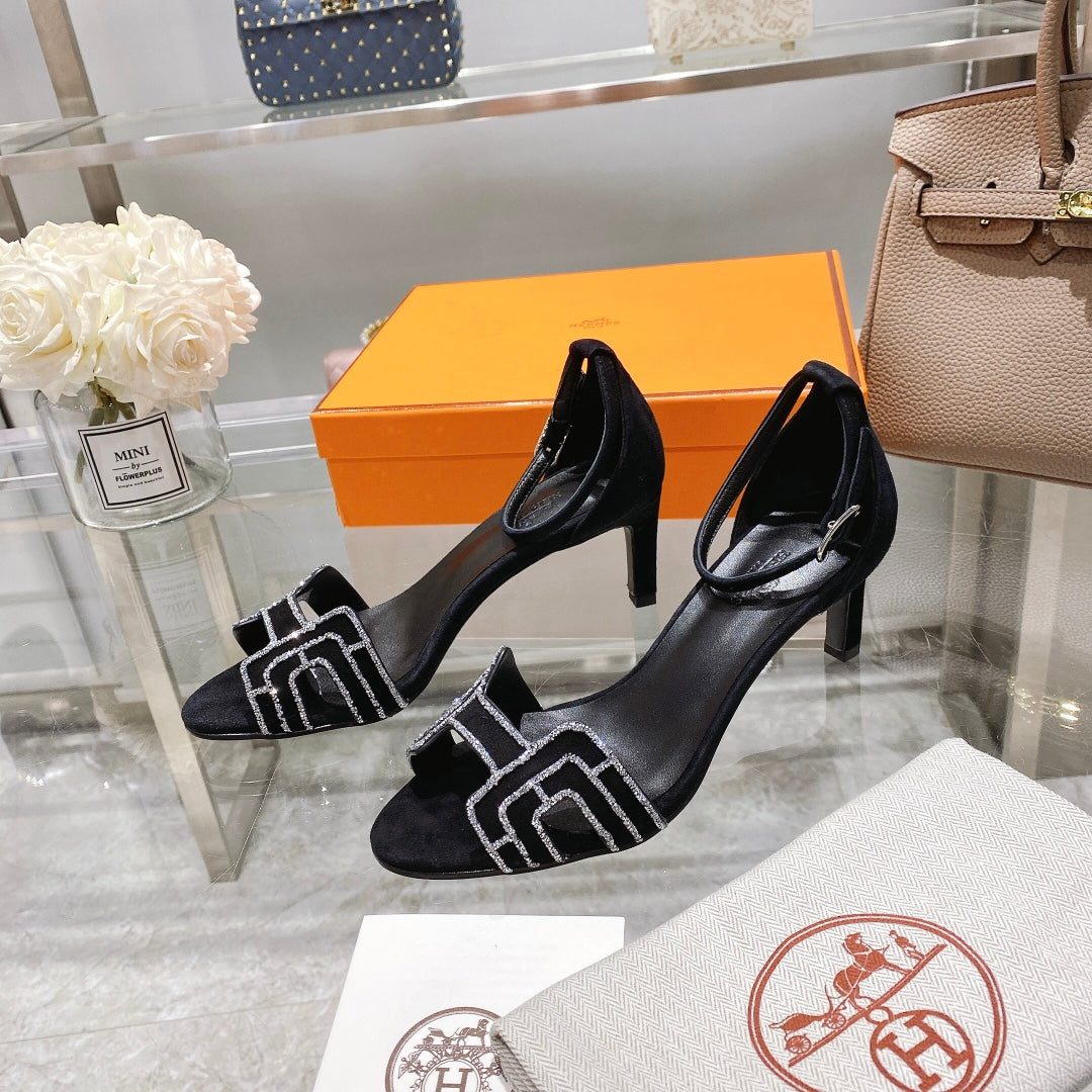 PREMIERE 70 SANDAL IN BLACK SUEDE WITH RHINSTONES - 35