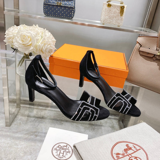 PREMIERE 70 SANDAL IN BLACK SUEDE WITH RHINSTONES - 35