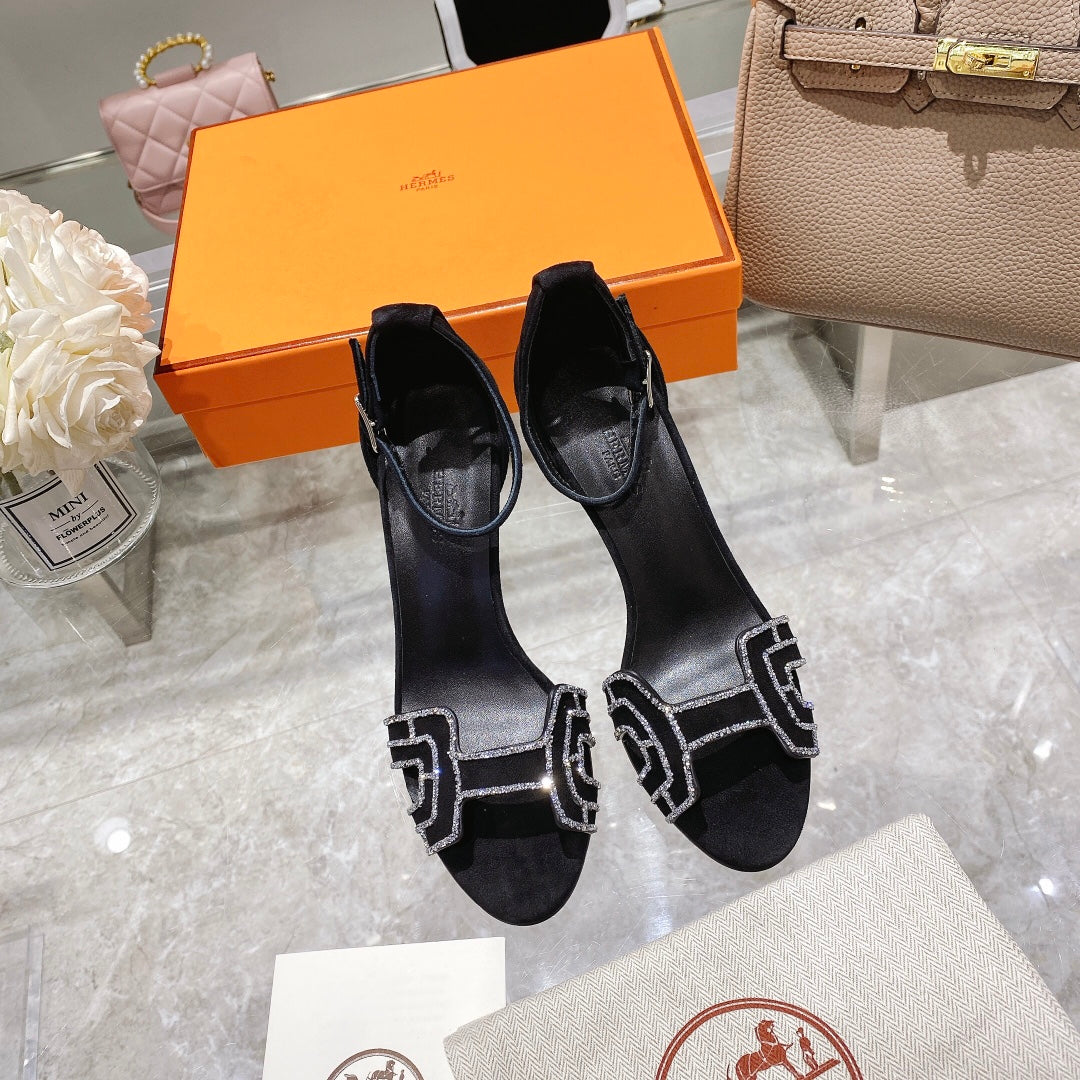 PREMIERE 90 SANDAL IN BLACK SUEDE WITH RHINSTONES - 35