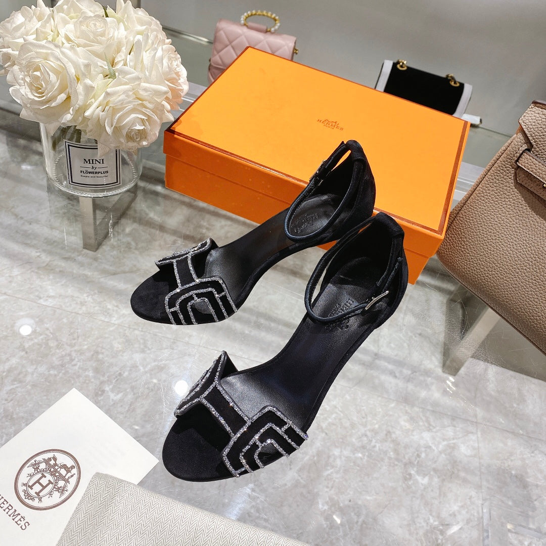 PREMIERE 90 SANDAL IN BLACK SUEDE WITH RHINSTONES - 35