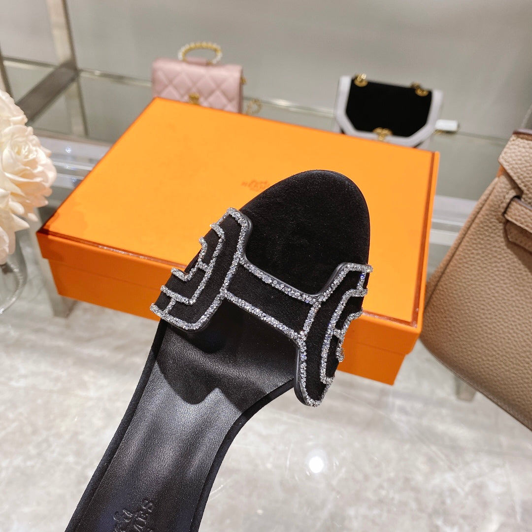 PREMIERE 90 SANDAL IN BLACK SUEDE WITH RHINSTONES - 35