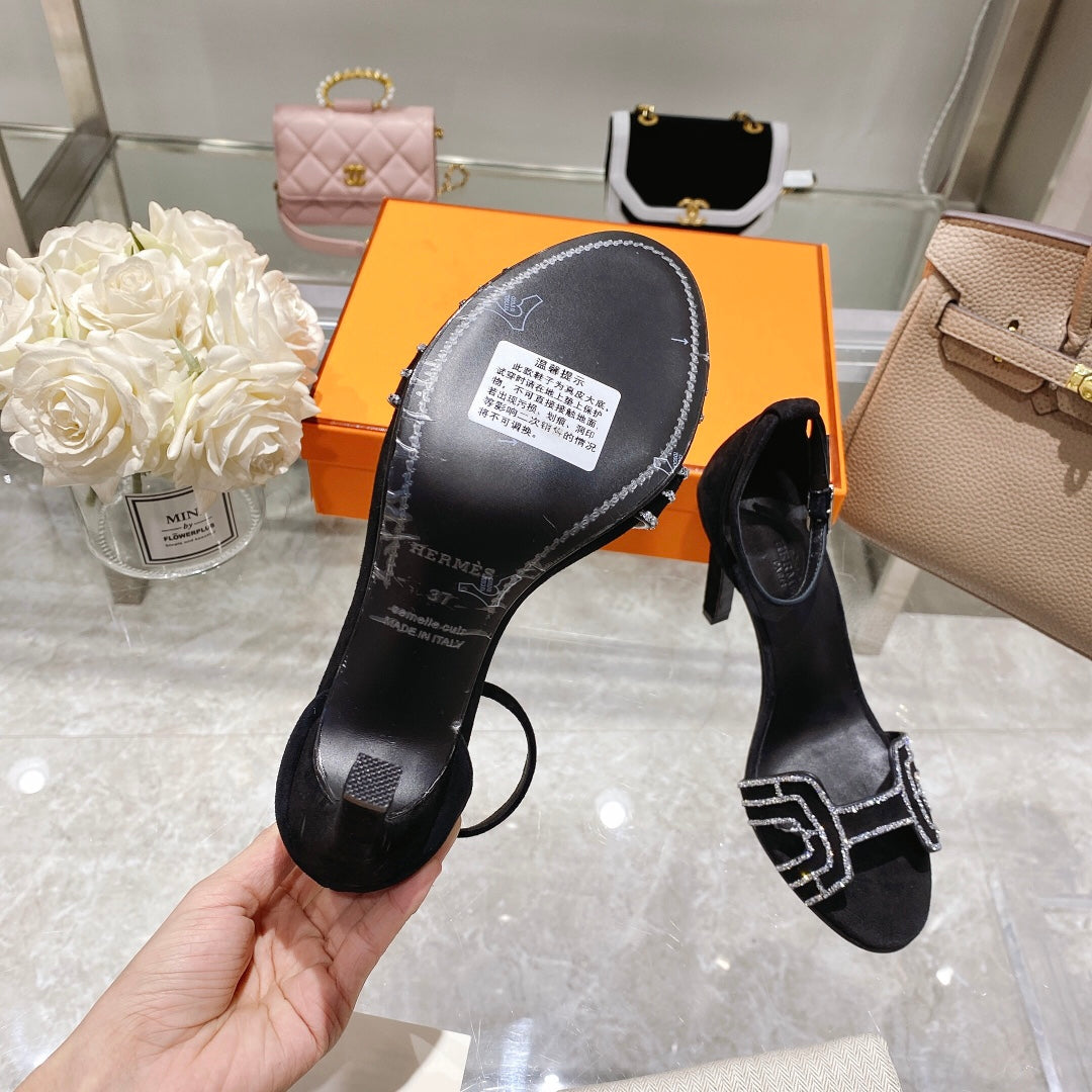 PREMIERE 105 SANDAL IN BLACK SUEDE WITH RHINSTONES - 35