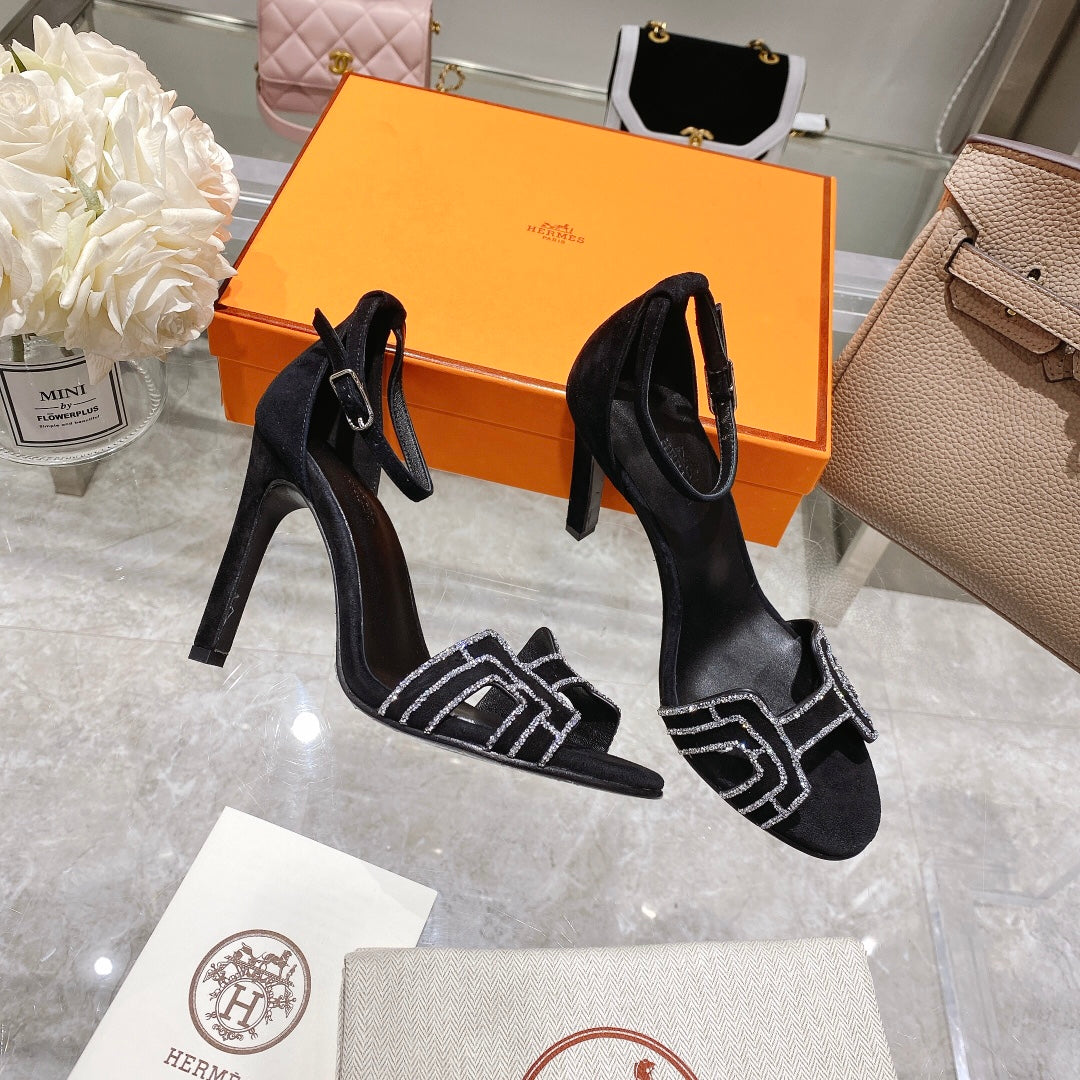 PREMIERE 105 SANDAL IN BLACK SUEDE WITH RHINSTONES - 35
