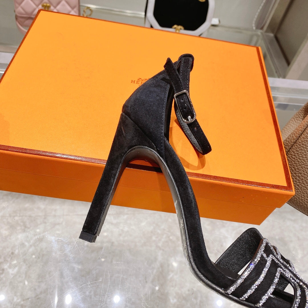 PREMIERE 105 SANDAL IN BLACK SUEDE WITH RHINSTONES - 35
