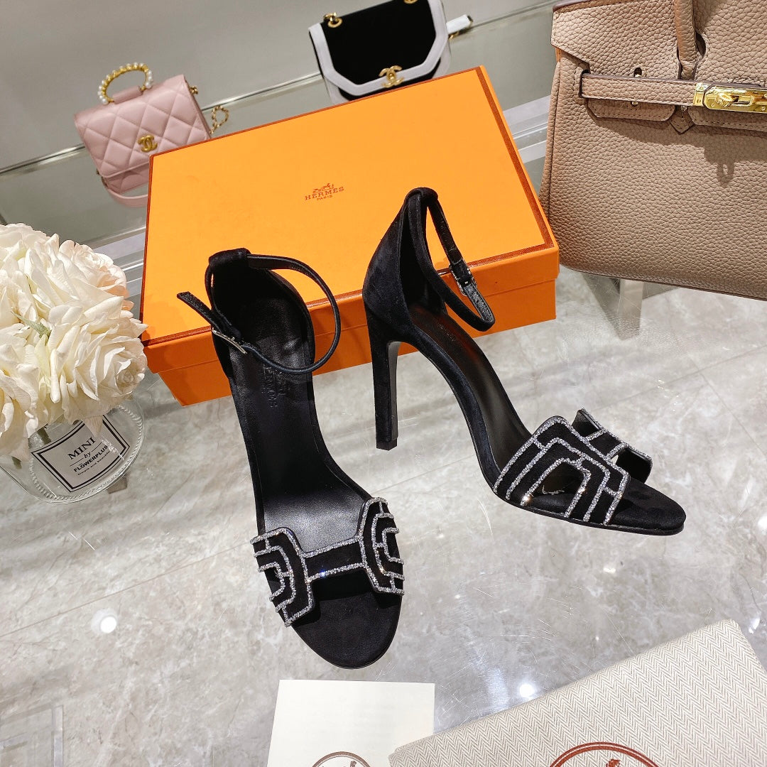 PREMIERE 105 SANDAL IN BLACK SUEDE WITH RHINSTONES - 35