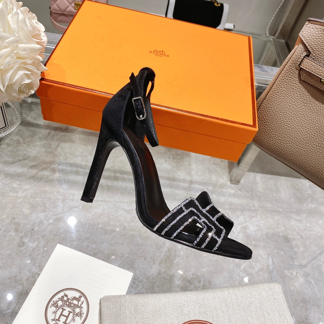 PREMIERE 105 SANDAL IN BLACK SUEDE WITH RHINSTONES - 35