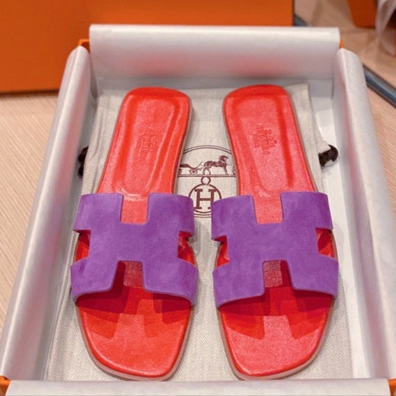 0RAN SANDALS IN VIOLET PURPLE SUEDE AND CHERRY RED CALFSKIN - 34