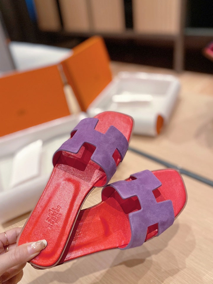 0RAN SANDALS IN VIOLET PURPLE SUEDE AND CHERRY RED CALFSKIN - 34