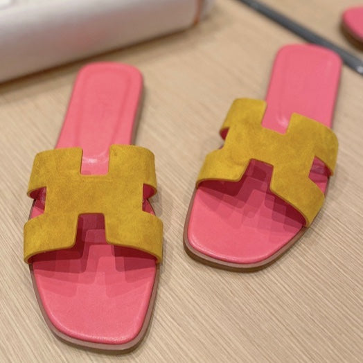 0RAN SANDALS IN DIJON YELLOW SUEDE AND DEEP PINK CALFSKIN - 34