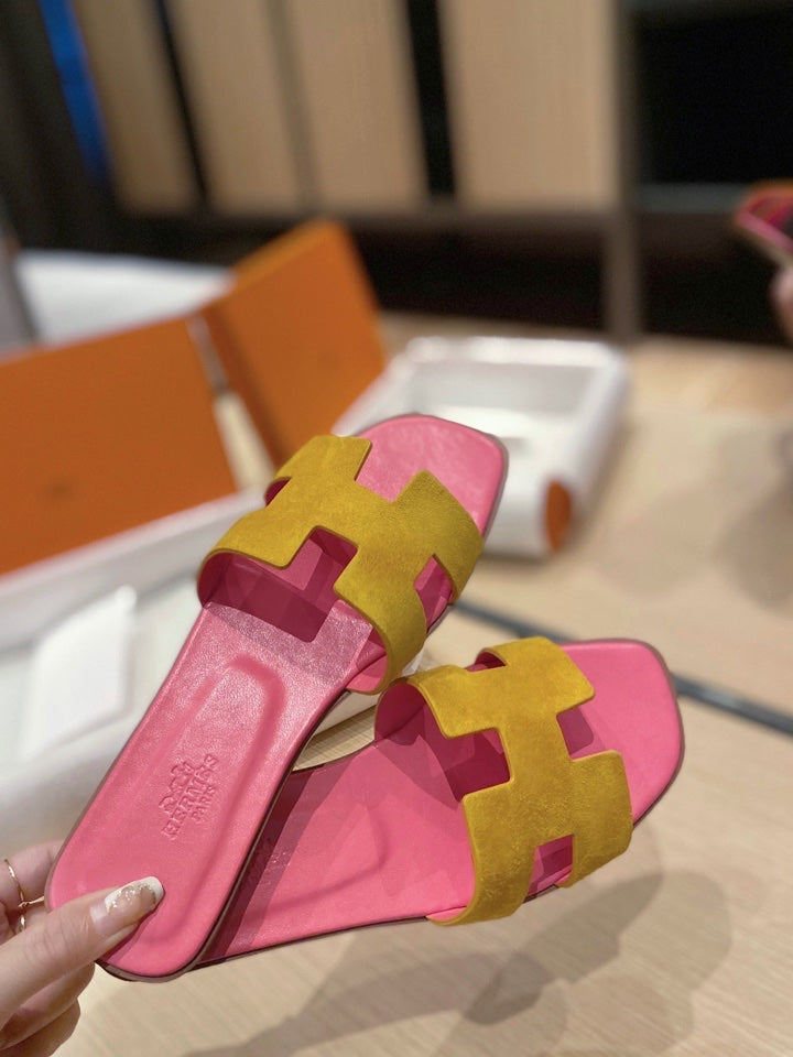 0RAN SANDALS IN DIJON YELLOW SUEDE AND DEEP PINK CALFSKIN - 34