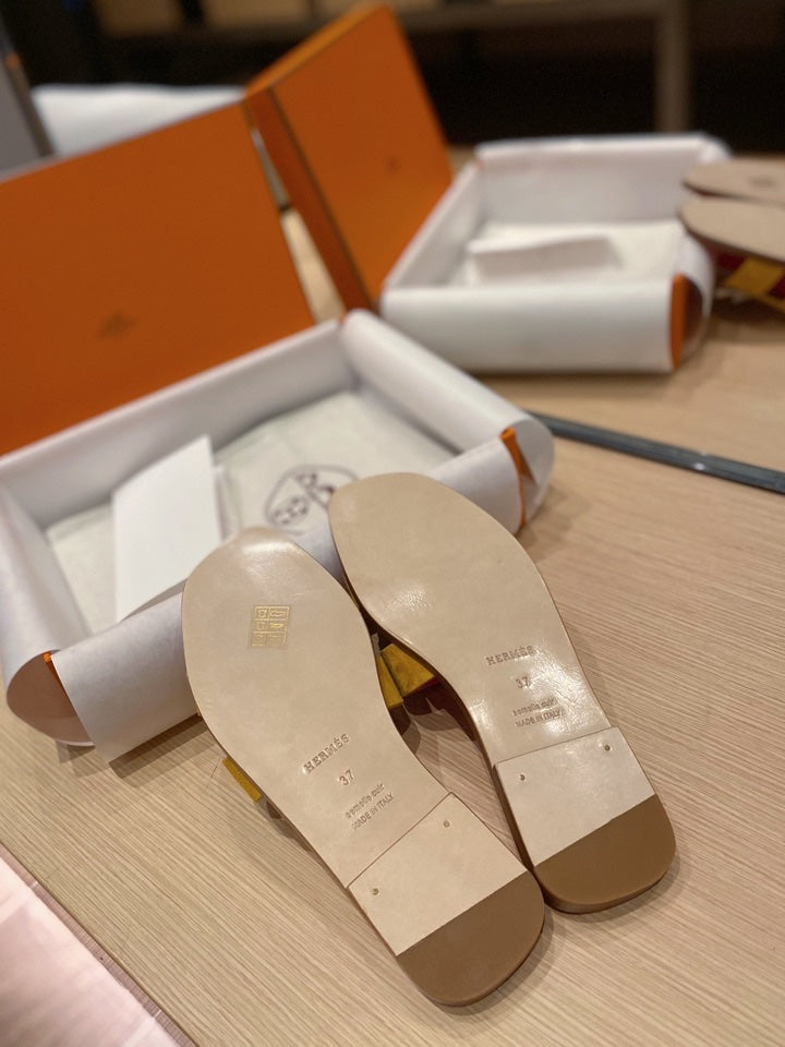 0RAN SANDALS IN DIJON YELLOW SUEDE AND DEEP PINK CALFSKIN - 34
