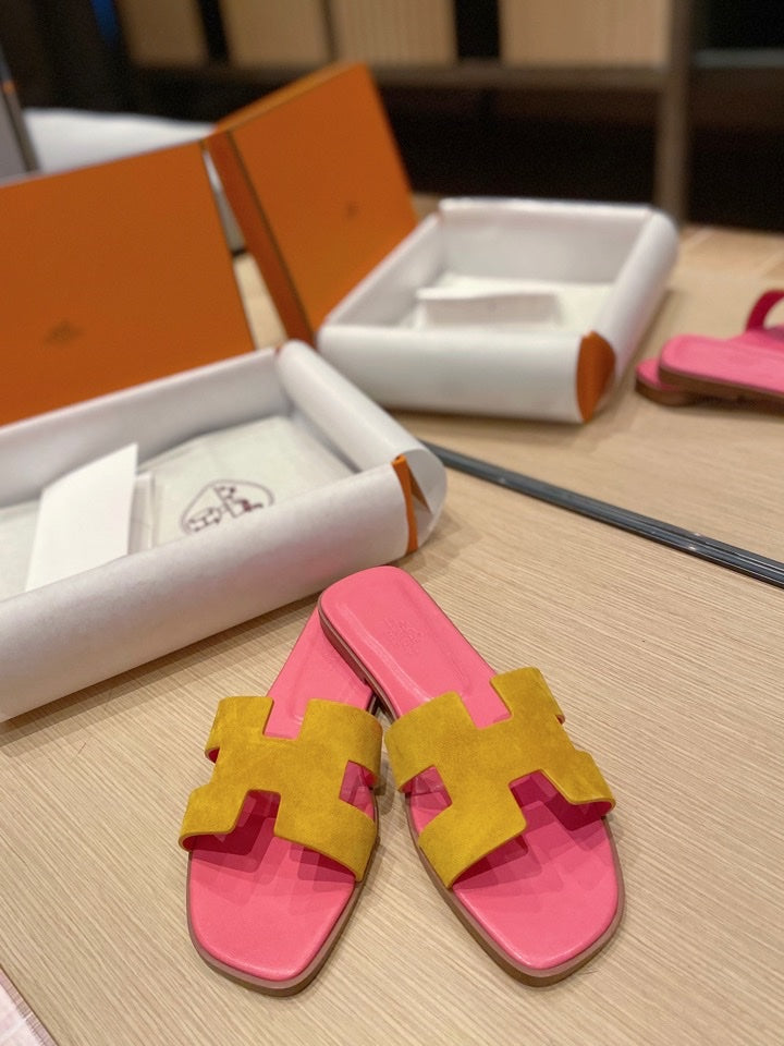 0RAN SANDALS IN DIJON YELLOW SUEDE AND DEEP PINK CALFSKIN - 34