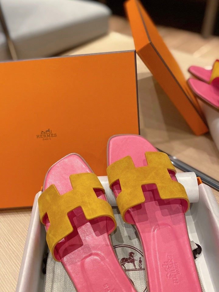 0RAN SANDALS IN DIJON YELLOW SUEDE AND DEEP PINK CALFSKIN - 34