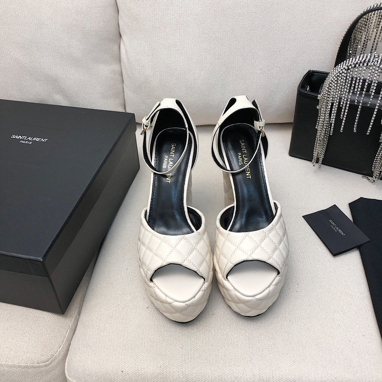 SL JODIE 135 PLATFORM SANDALS WHITE EMBOSSED CALFSKIN - 34