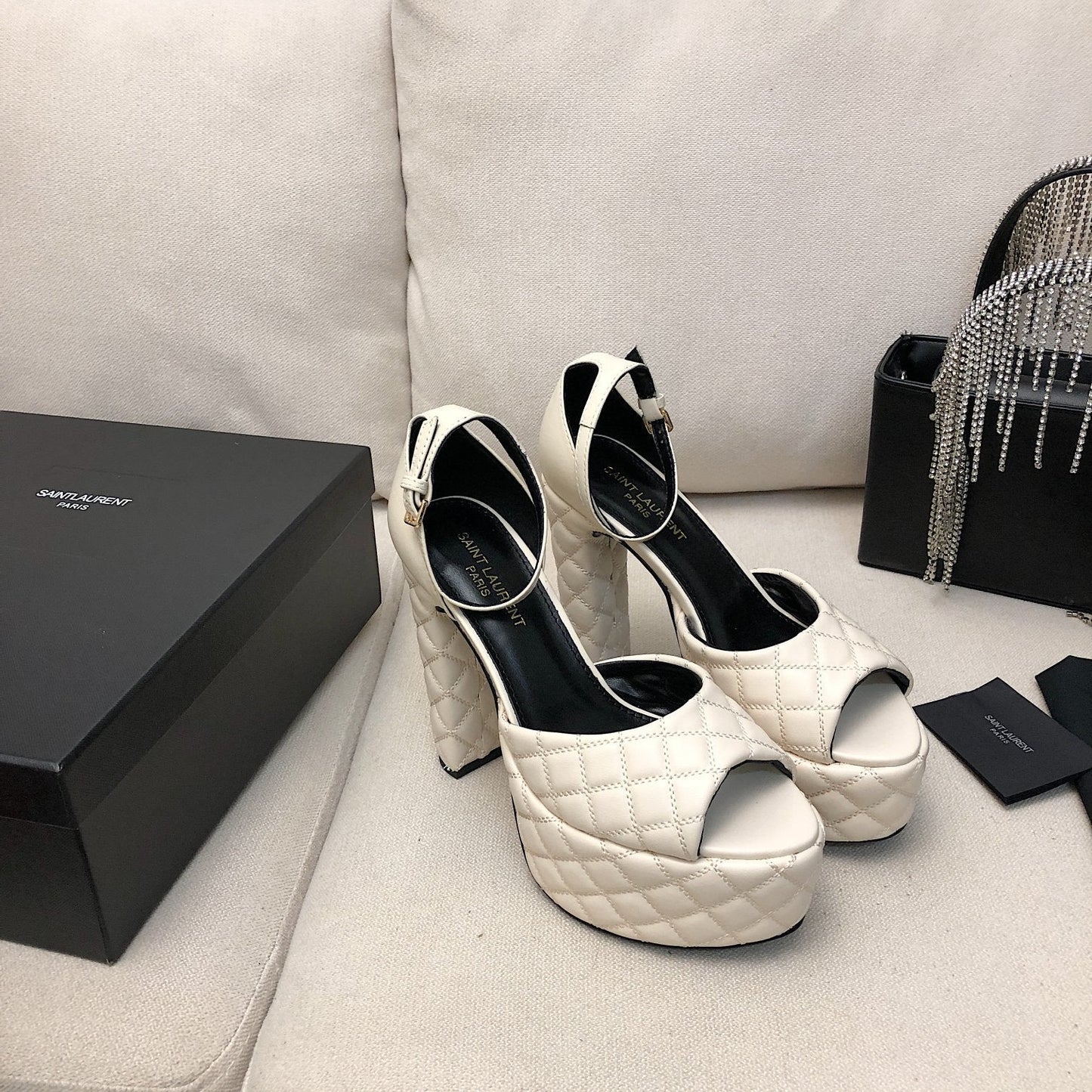SL JODIE 135 PLATFORM SANDALS WHITE EMBOSSED CALFSKIN - 34