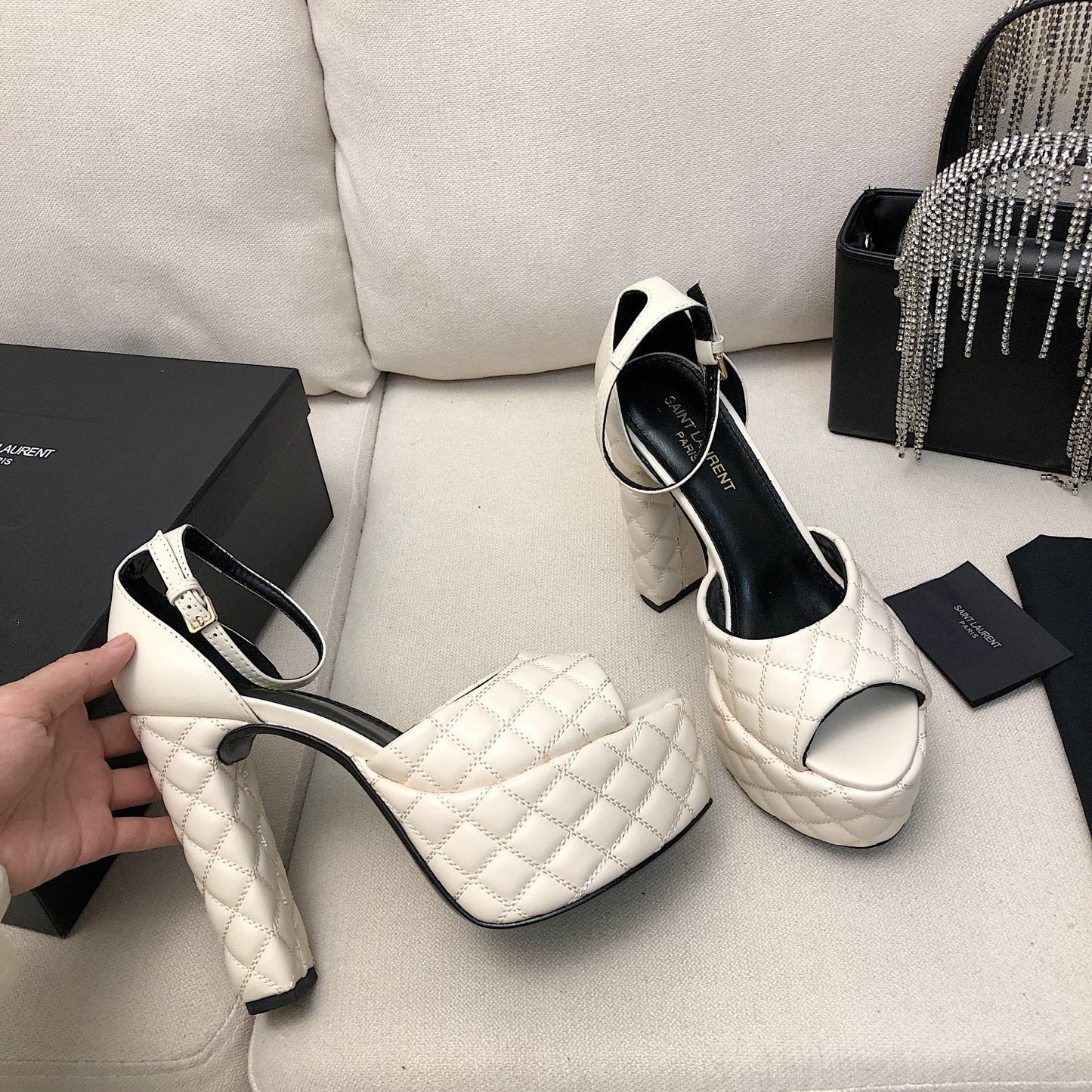 SL JODIE 135 PLATFORM SANDALS WHITE EMBOSSED CALFSKIN - 34